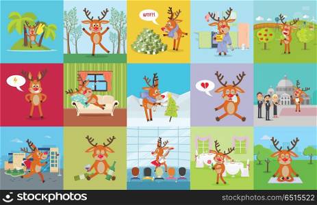 Deer Daily Activity Vector Set. Reindeer Emotions. Deer daily activity vector set. Reindeer at holidays, in forest, conservatory, restaurant, school, home, sleeping, confused, disappointed. Cute mammal emotions and states of mood in flat style. Vector