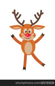 Deer Dancing Isolated on White. Reindeer Greeting. Deer dancing isolated on white. Reindeer greeting you. Smiling cartoon character in flat style design. Deer wishes Merry Christmas and happy new year. Cute deer posing. Vector illustration