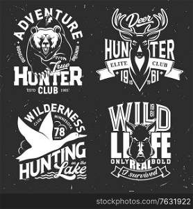 Deer, duck, bear and boar t-shirt print of hunting sport club vector mockup. Hunting animals and bird of wild grizzly, reindeer or moose, elk and hog grunge badges, hunter custom apparel with trophies. Deer, duck, bear and boar t-shirt print mockup