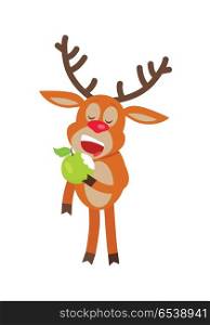 Deer eating apple cartoon. Cute horned reindeer standing with bitten green fruit in hand flat vector illustration isolated on white background. For healthy food, diet concepts, animal icon, web design. Deer Eating Apple Cartoon Flat Vector Illustration. Deer Eating Apple Cartoon Flat Vector Illustration