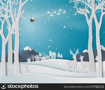 Deer family in winter season with urban city landscape on paper art background for Christmas holiday and happy new year,vector illustration