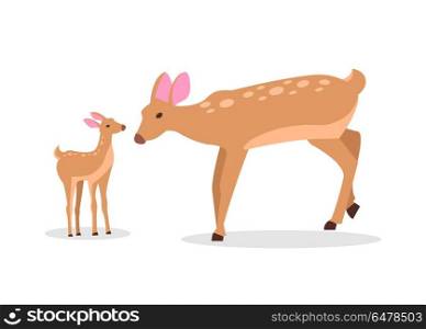 Deer Family in Woods Isolated Cartoon Illustration. Adult doe with little fawn isolated vector illustration in cartoon style. Deer family on white background, mother and son