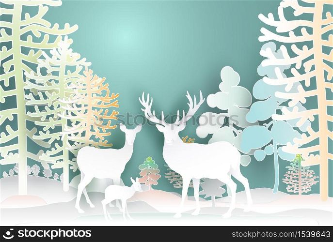 Deer family set collection paper cut origami isolated style, Vector illustration wild animals deer family, male, female, baby, Beautiful nature animal wild life in forest background.