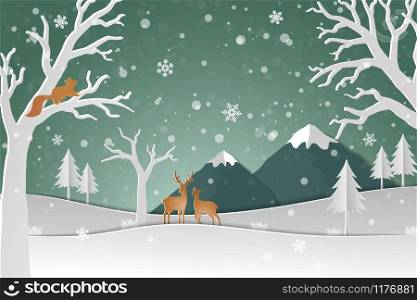 Deer family with winter snow in the forest abstract background,Happy new year and Merry Christmas on paper art style,vector illustration