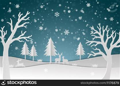 Deer family with winter snow in the night,Happy new year and Merry Christmas on paper art design abstract background,vectro illustration
