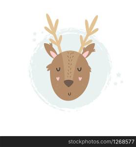 Deer hand drawn face. Vector character. Baby print, textile, book, baby shower template card. Deer hand drawn face. Vector character.