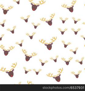 Deer head seamless pattern. Wallpaper design. Deer head seamless pattern. Brown oval face with blue eyes and red mouth. Yellow long ramified horns. Cartoon style. New Year toy in fat style. Wallpaper design endless texture. Vector illustration