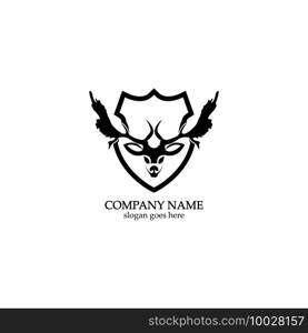 Deer hunter with shield logo design, Wild animal vector, Head deer illustration