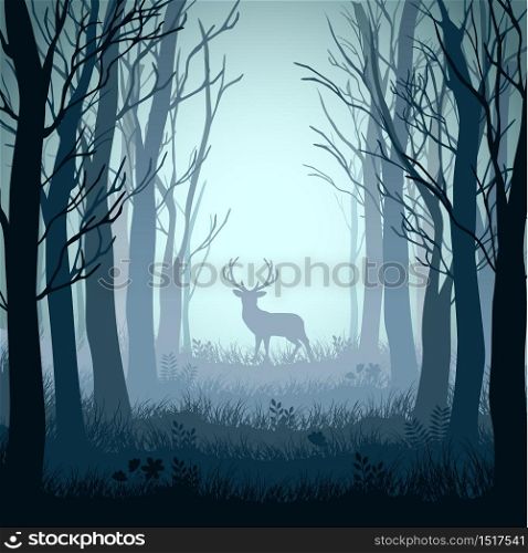 Deer in autumn misty forest background.Vector illustration