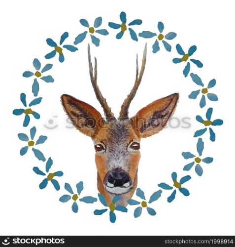 Deer in blue flower wreath on white watercolor cute animal stock vector illustration