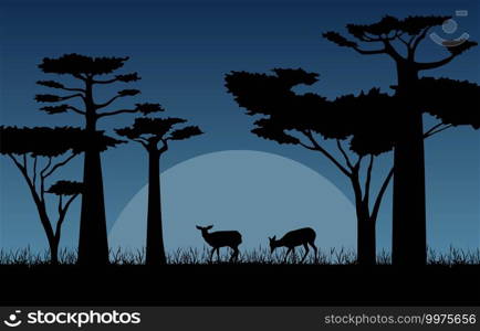 Deer in Dark Night Savanna Landscape Africa Wildlife Illustration