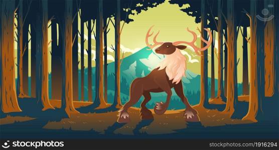 Deer in forest, wild animal, beautiful stag with antlers on nature background with trees and mountain peak. Wood landscape with majestic reindeer fairy tale character, Cartoon vector illustration. Deer in forest, wild animal beautiful stag in wood
