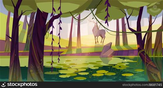Deer in forest with sw&. Summer landscape of woodland with pond with water lilies, trees, lianas and green grass. Vector cartoon illustration of stag with antlers in park or forest with lake. Summer landscape with deer and sw&in forest