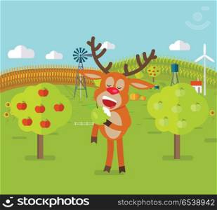 Deer in Garden Eats Apple. Cute Reindeer Snack.. Deer in garden eats apple. Cute reindeer has a snack. Orchard garden and corn field on background. Deer character adventures in flat style design.Windmills and bee house. Vector illustration