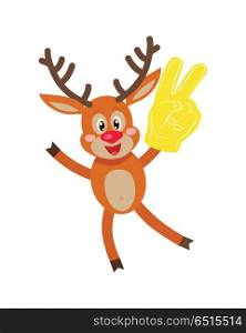 Deer in Glove with Victory Sign Isolated on White.. Deer in glove with victory sign isolated on white. Reindeer shows sign victory or peace and scissors by fingers. Deer with glove in form of two finger sign in flat style. Vector illustration