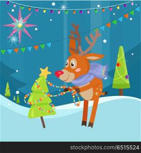 Deer in Scarf Decorating Christmas Tree at Snow. Deer in blue scarf decorating christmas tree on snowy background. Funny reindeer prepares for the New Year Eve. Cute mammal character decorates fir tree with garland in flat style. Vector illustration