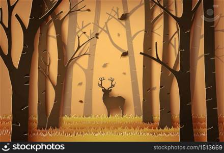 deer in the autumnal forest with falling leaves. paper art style.