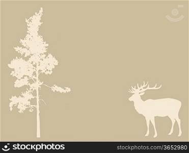 deer near pines on brown background, vector illustration