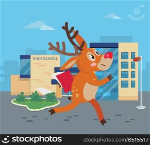 Deer Running to School with Books. Reindeer Vector. Deer running to school with books. Reindeer hurrying to school. Cartoon character mammal pupil in flat style design. Back to school concept. Happy deer runs to high school. Vector illustration