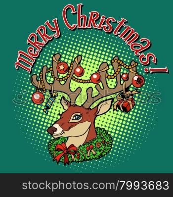 Deer Santa Claus merry Christmas pop art retro style. Animal with horns. Celebrations and congratulations. The symbol of Christmas and new year. Deer Santa Claus merry Christmas