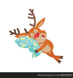 Deer Sleeping on Pillow Isolated. Reindeer Sleeps. Deer sleeping on pillow isolated. Reindeer sleeps on cushion with moon and stars. Funny cartoon character being asleep in flat style design. Merry Christmas and Happy New Year. Vector illustration