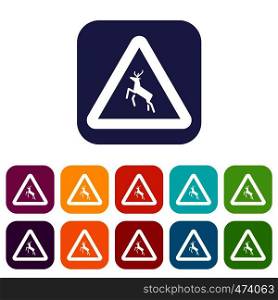 Deer traffic warning sign icons set vector illustration in flat style In colors red, blue, green and other. Deer traffic warning sign icons set