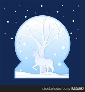 Deer Tree in Snow Globe Winter Paper Cut Style Illustration