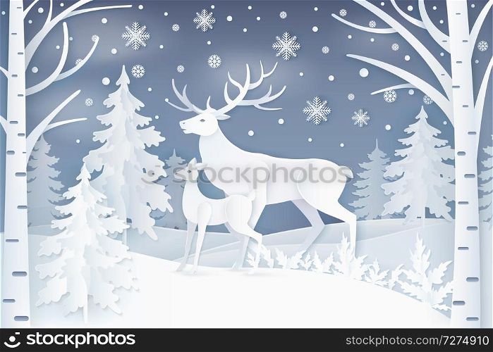 Deer walking in forest in winter period, snowflakes falling down on ground, trees of different type, wildlife isolated on vector illustration. Deer Walking in Winter Forest Vector Illustration
