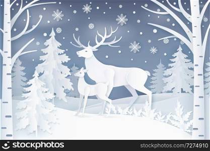 Deer walking in forest in winter period, snowflakes falling down on ground, trees of different type, wildlife isolated on vector illustration. Deer Walking in Winter Forest Vector Illustration