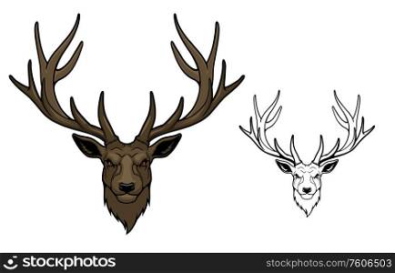 Deer wild animal mascot. Reindeer or stag with antlers and angry eyes, isolated on white. Hunting club or sport team mascot. Powerful deer. Wild deer animal mascot with antlers