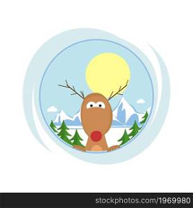 Deer with a red nose and around the Christmas tree and snowy mountains. Illustration isolated on a white background.