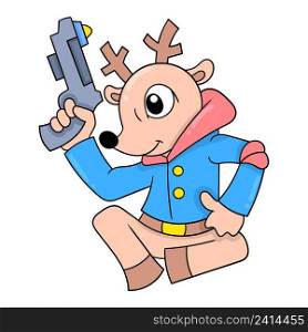 deer with a serious face is acting as a detective sitting holding a gun