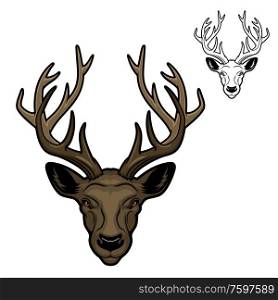 Deer with antlers mascot of vector animal head. Hunting, sport and zoo mascot of reindeer, wild herbivores mammal stag or doe with brown fur and large horns. Deer animal head with antlers mascot