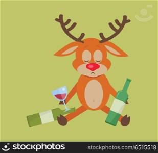 Deer with Bottle of Wine Isolated on Green.. Deer with bottle of wine isolated on green. A lot of empty bottles on floor. Drunk with alcohol. Alcohol addicted reindeer with bottles of beer. Alcoholism. Vector illustration in flat style.