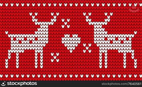 Deer with horns embroidery on red background vector. Moose or stag with hearts and stars or glowing snowflakes. Decoration of clothes and knitwear. Print for Christmas celebration flat style. Deer and Heart Red Embroidery for Christmas Vector