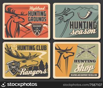 Deer with hunter gun and target vector design of hunting sport. Heads of reindeer, moose or elk forest animal with antlers, crossed rifles, mountains and trees, hunter weapon and equipment shop poster. Deers with targets of hunter guns. Hunting sport