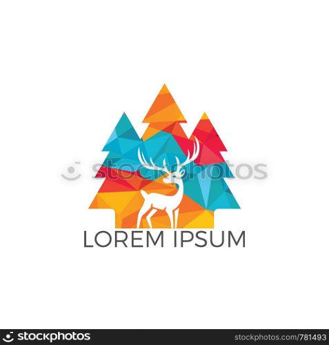 Deer with north wild pine tree silhouette logo icon designs. Vector illustration template. for hunting and wild adventure logo product and trip.