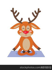 Deer Yoga Sitting on Carpet. Meditating Character. Deer yoga sitting on the carpet. Cute meditating cartoon character. Christmas deer going in for sport in flat style design. Elk in yoga asana lotus posture on yoga mat. Xmas illustration vector