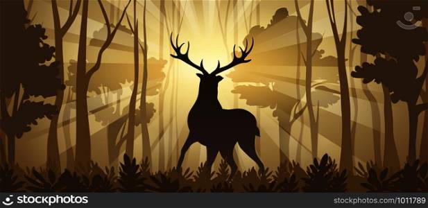 DeerSilhouette in rays of sunlight on Deep Forest Background. Horizontal vector Illustration