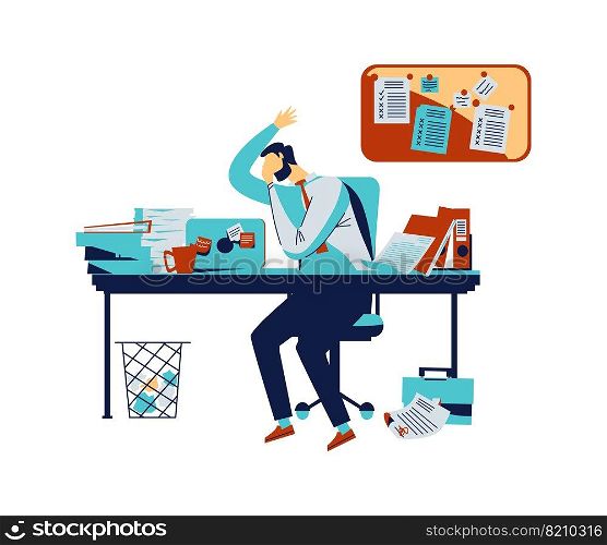 Defau<or collapse in stock market and exchan≥concept vector illustration. Busi≠ssman in stress, broker in panic clasπng your head with hands on background of screen with securities value fall