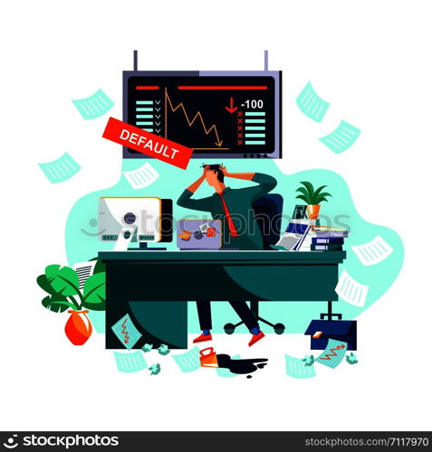 Default or collapse in stock market and exchange concept vector illustration. Businessman in stress, broker in panic clasping your head with hands on background of screen with securities value fall. Default or collapse in stock market and exchange