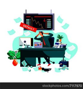 Default or collapse in stock market and exchange concept vector illustration. Businessman in stress, broker in panic clasping your head with hands on background of screen with securities value fall. Default or collapse in stock market and exchange