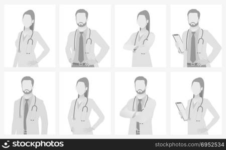 Default placeholder doctor half-length portrait photo avatar. Gray color