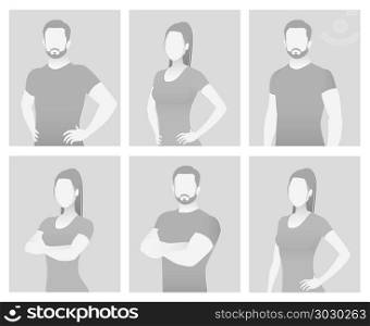 Default placeholder fitness trainer in a T-shirt.. Default placeholder fitness trainer in a T-shirt. Half-length portrait photo avatar. gray color
