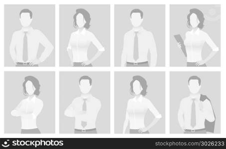 Default placeholder man and woman half-length portrait photo avatar. Businessman and businesswoman gray color
