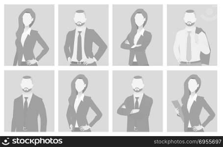 Default placeholder man and woman half-length portrait photo avatar. Businessman and businesswoman gray color