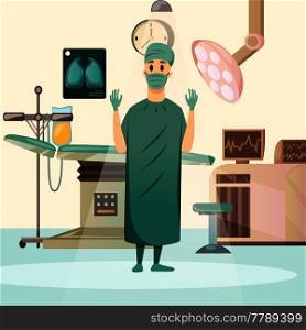 Defeat cancer orthogonal composition with oncologist surgeon in operating room equiped with table lights and infuser vector illustration. Defeat Cancer Surgery Orthogonal Composition