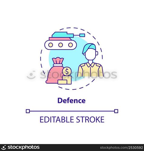 Defence concept icon. Financial support. Military forces. Expenditures abstract idea thin line illustration. Isolated outline drawing. Editable stroke. Arial, Myriad Pro-Bold fonts used. Defence concept icon