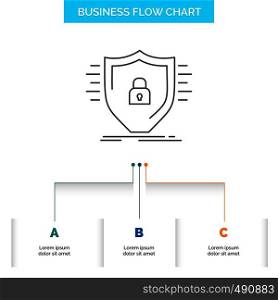 Defence, firewall, protection, safety, shield Business Flow Chart Design with 3 Steps. Line Icon For Presentation Background Template Place for text. Vector EPS10 Abstract Template background