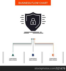 Defence, firewall, protection, safety, shield Business Flow Chart Design with 3 Steps. Glyph Icon For Presentation Background Template Place for text.. Vector EPS10 Abstract Template background